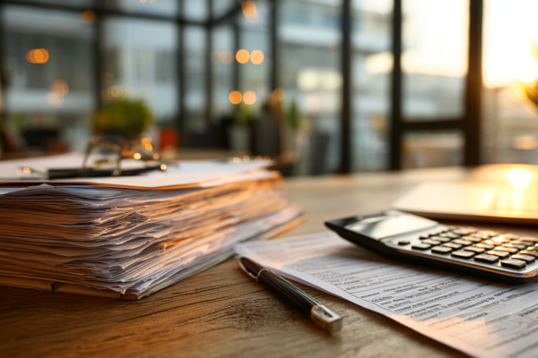 Professionele werkplek met belastingdocumenten en calculator, symbolisch voor fiscale planning