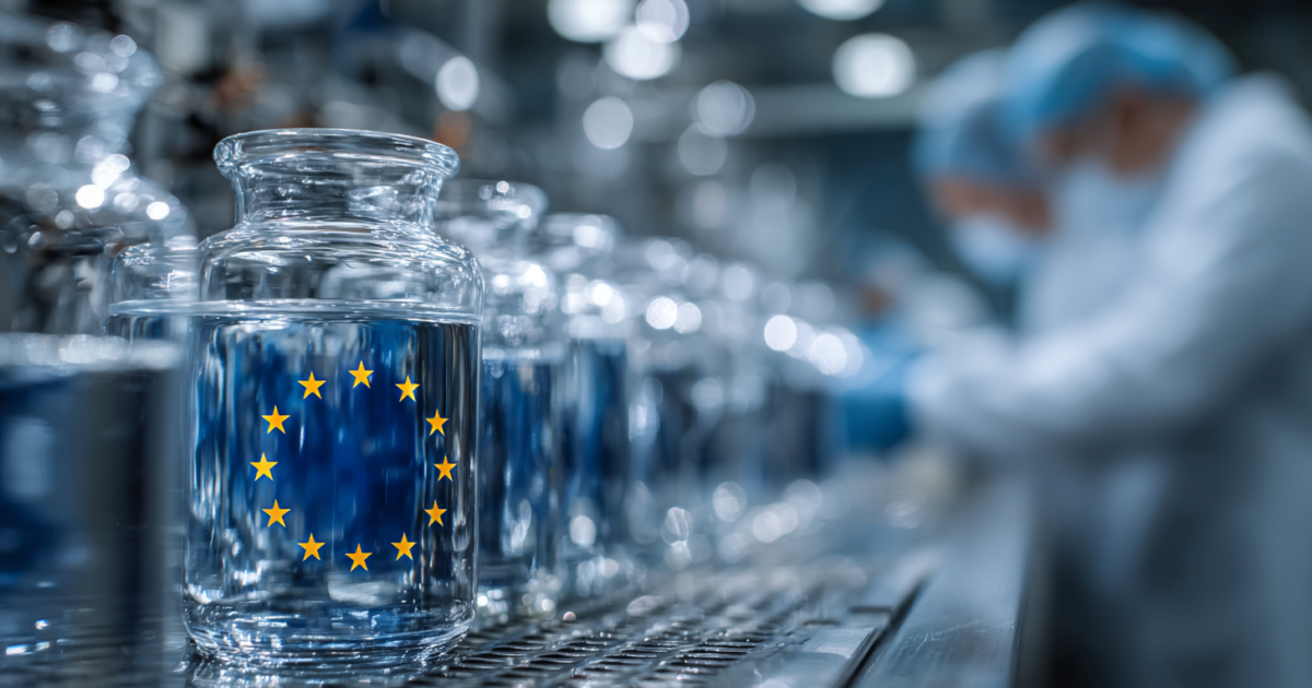 Moderne chemische laboratoriumomgeving met EU-symbolen en wetenschappers aan het werk