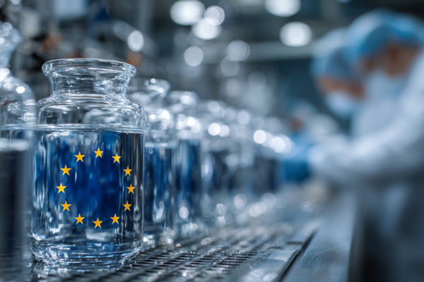 Moderne chemische laboratoriumomgeving met EU-symbolen en wetenschappers aan het werk