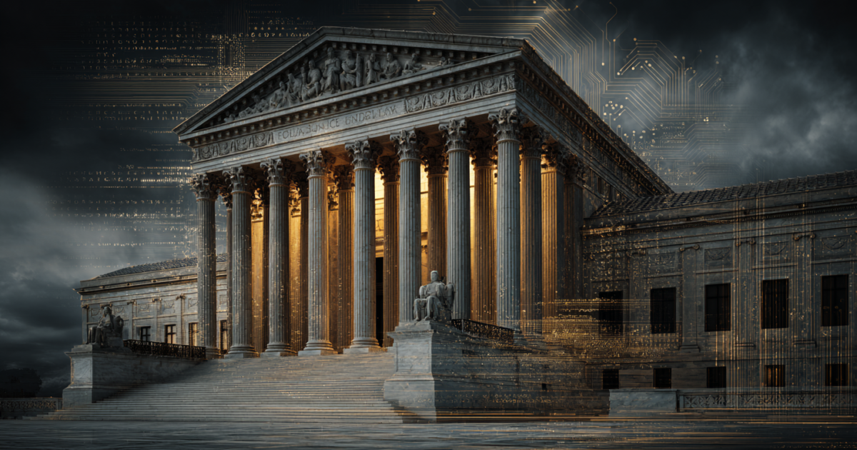 Symbolische weergave van het Supreme Court gebouw met digitale elementen die de spanning tussen federale en staatsrechtspraak in AI-regulering illustreren