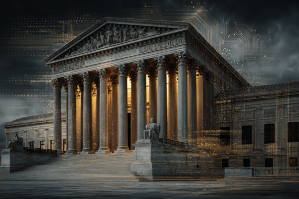 Symbolische weergave van het Supreme Court gebouw met digitale elementen die de spanning tussen federale en staatsrechtspraak in AI-regulering illustreren